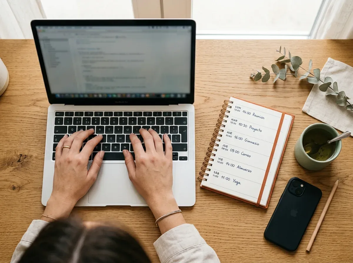 Vista cenital de manos escribiendo en una laptop junto a una agenda semanal con notas en español