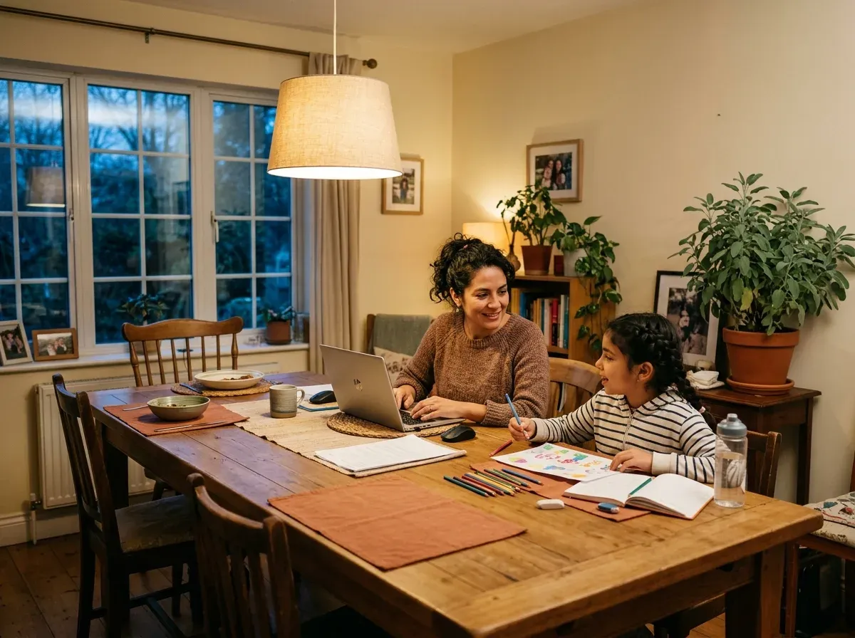 Mamá trabaja en su laptop en el comedor mientras su hija le muestra un dibujo al atardecer
