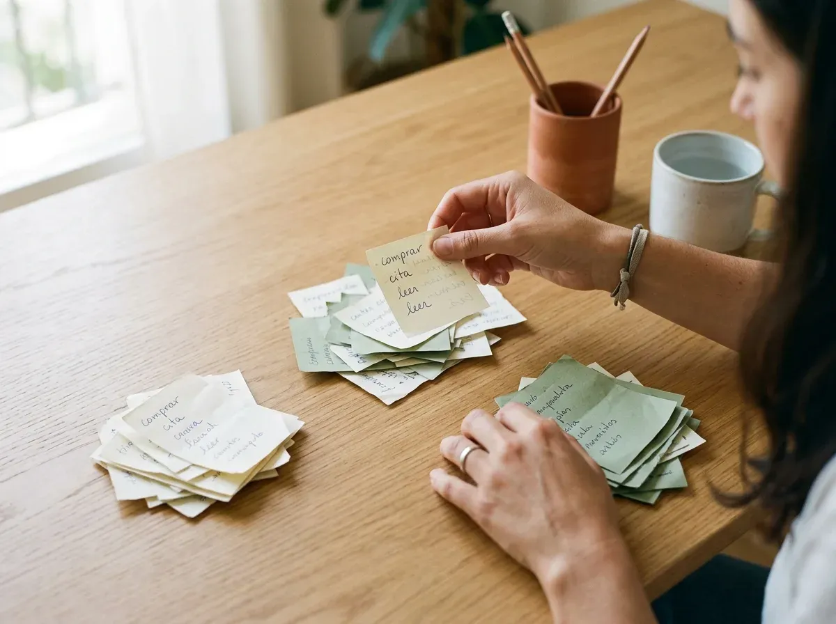 Manos de mujer separan notas escritas a mano en tres montones sobre una mesa de madera por la mañana