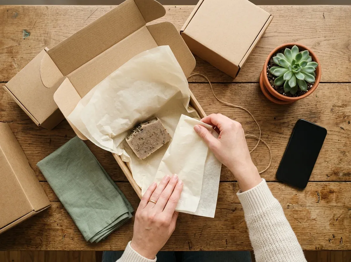 Vista cenital de una mesa con cajas de envío, jabón artesanal y una mano acomodando productos para grabar