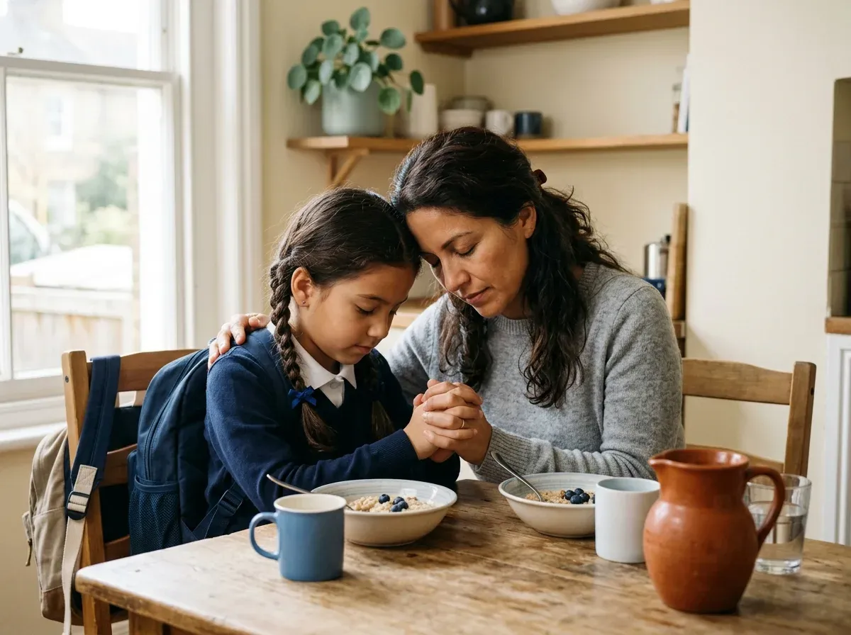 Mamá e hija se toman de las manos y oran juntas en la mesa de la cocina antes de ir a la escuela