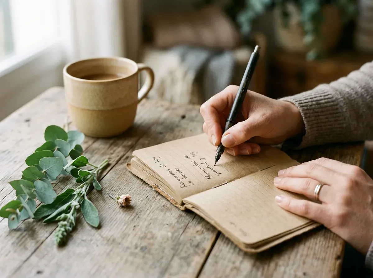 Manos escribiendo una frase en español en una libreta de papel kraft