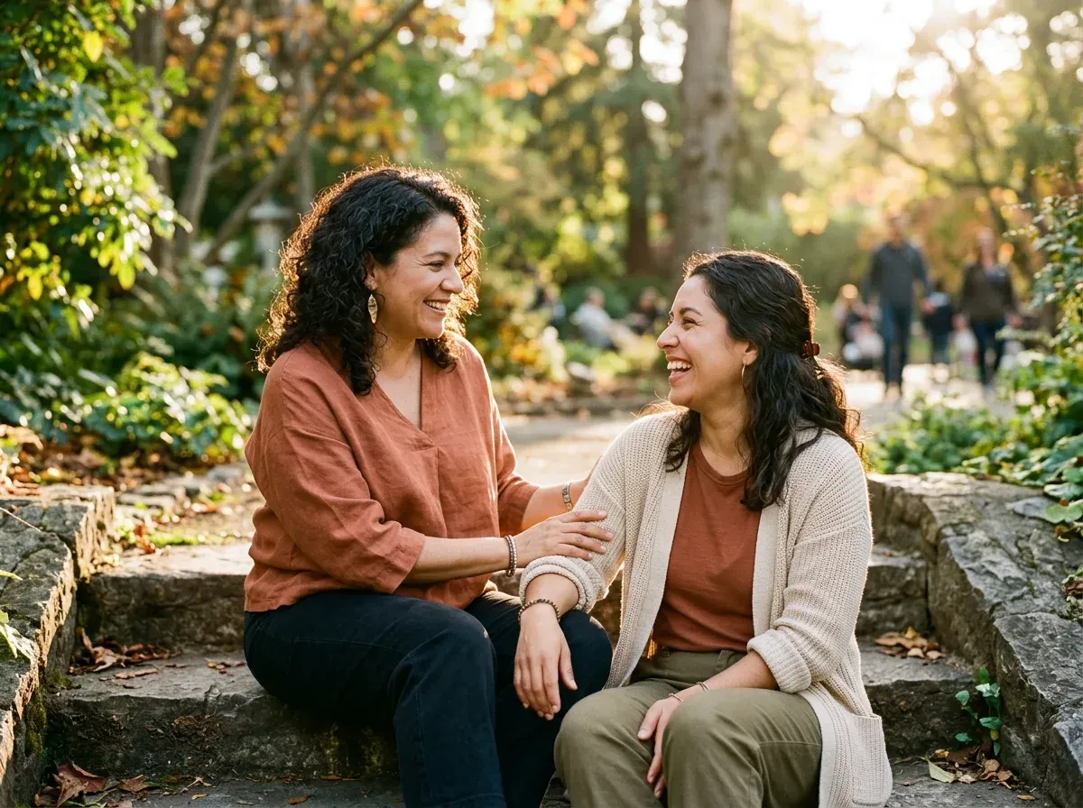 Dos mujeres conversando y animándose en un parque al atardecer