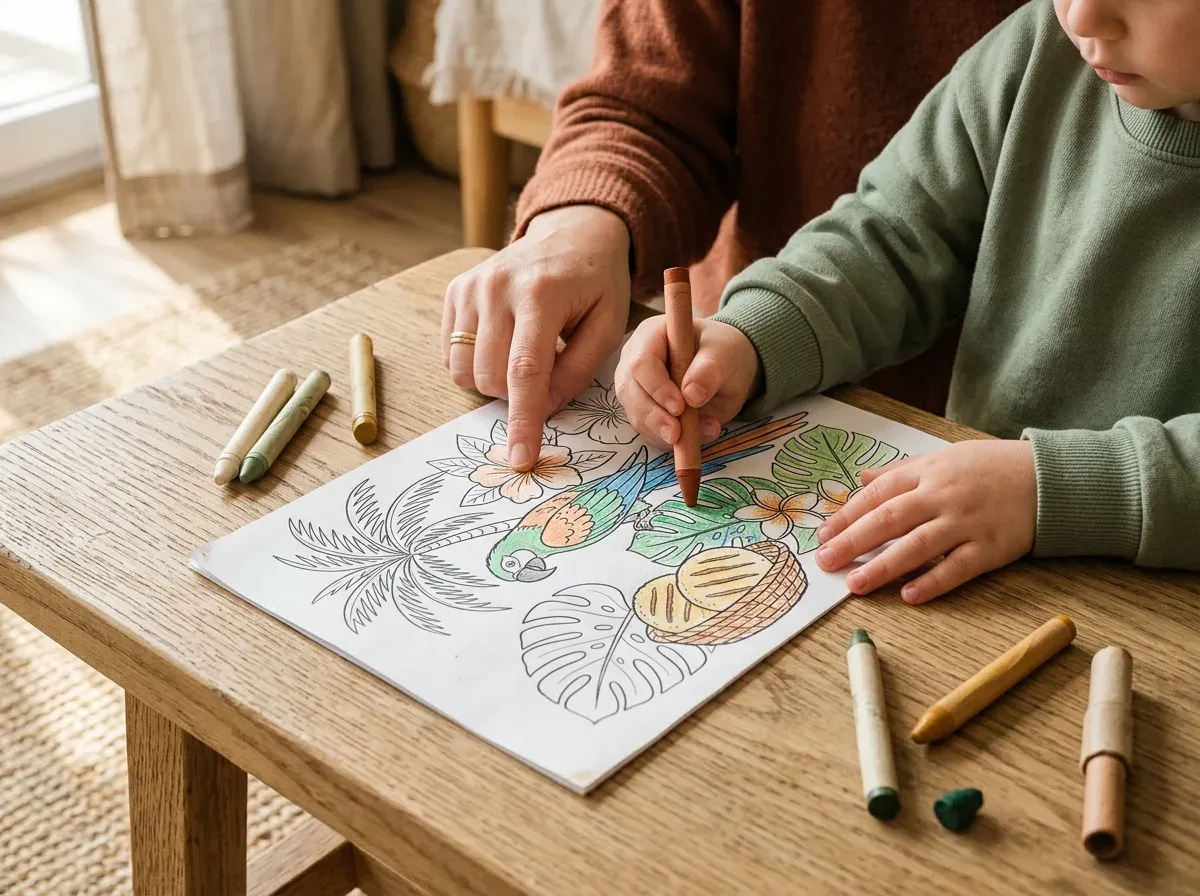 Manos de mamá e hijo coloreando juntos una página con palmeras y un loro sobre una mesa de madera