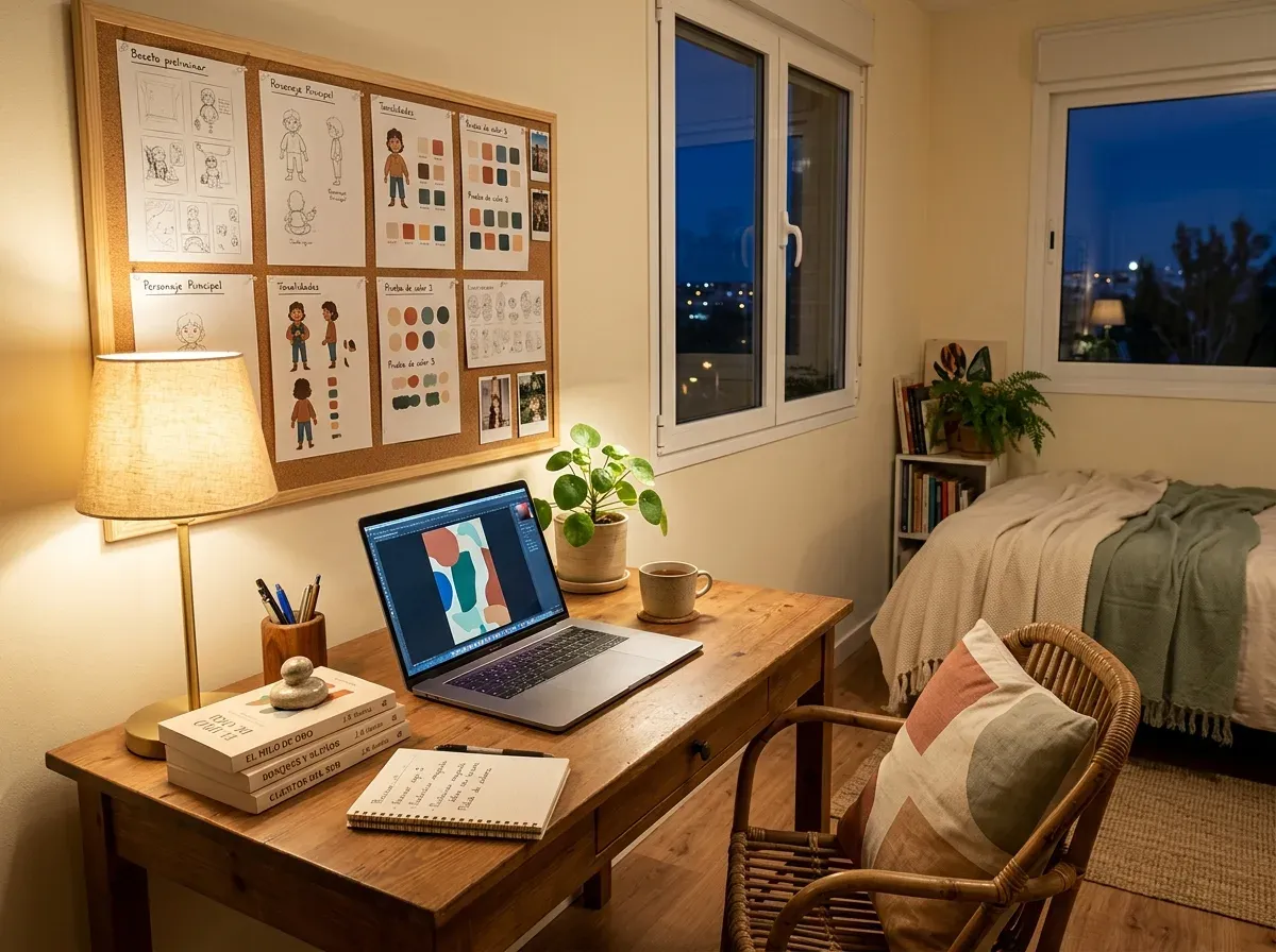Rincón de trabajo de noche con laptop, lámpara cálida, bocetos en un corcho y copias de prueba de un libro