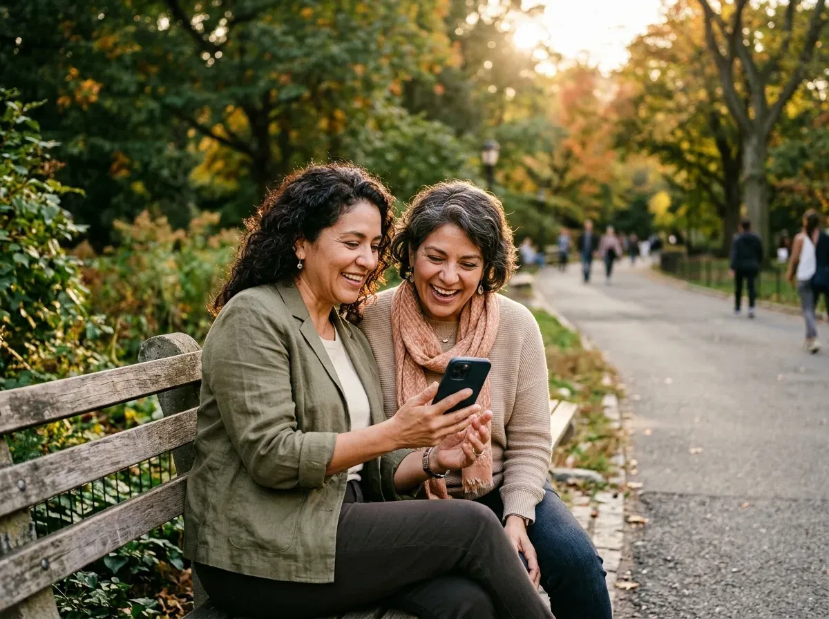 Dos amigas latinas en una banca del parque al atardecer: una muestra a la otra su nueva foto en el celular