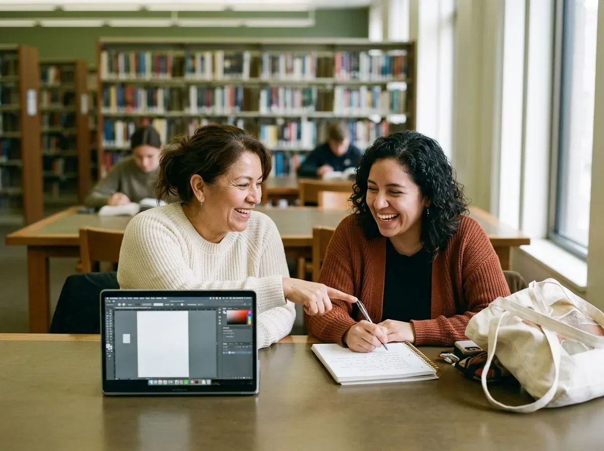 Dos amigas latinas en una biblioteca: una enseña a la otra una herramienta de diseño en la laptop mientras toma notas