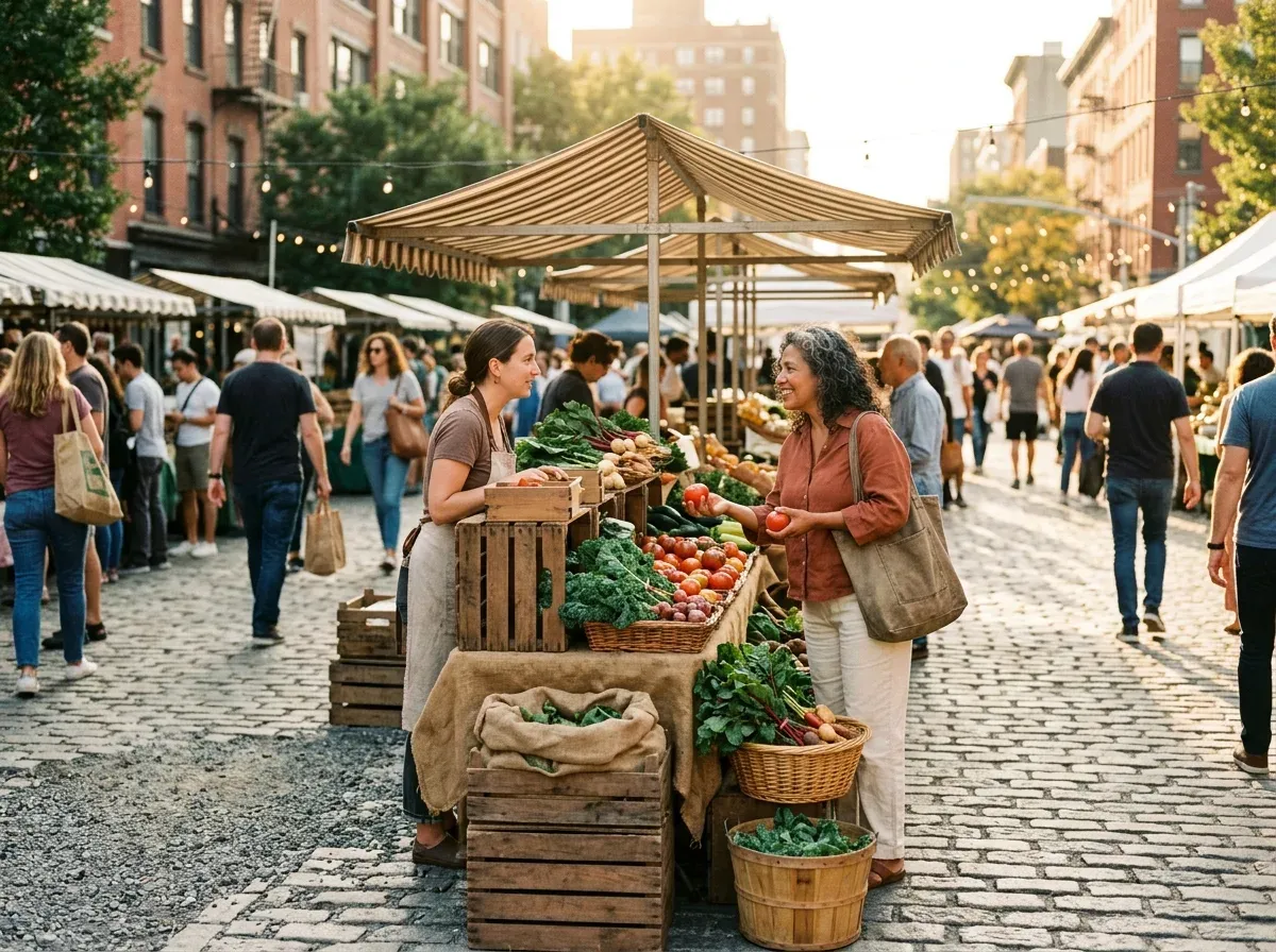 Mujer latina elige verduras con calma en un mercado al aire libre de la ciudad al atardecer, con bolsa de tela