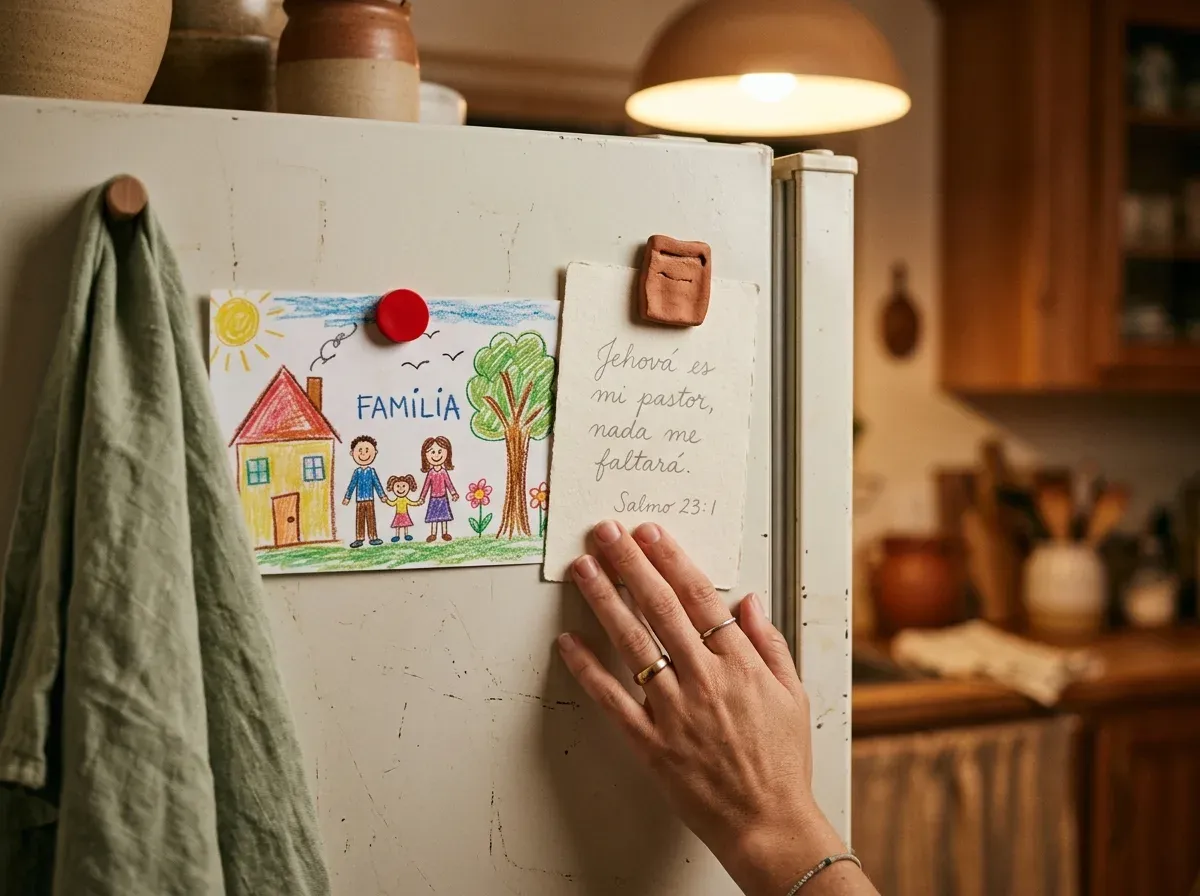 Mano de mujer pega una tarjeta con un versículo escrito en español en el refrigerador junto a un dibujo infantil