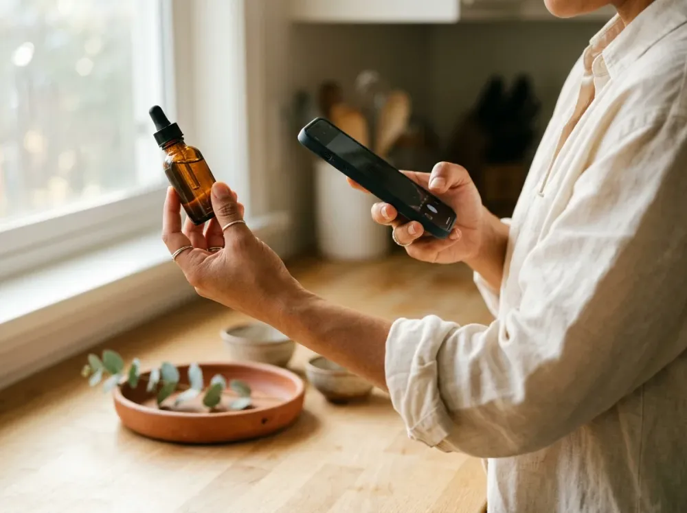 Manos de mujer sostienen un frasco de crema a la luz de la ventana mientras lo graban con el celular en la cocina