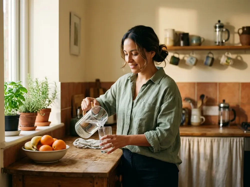 Mujer latina se sirve un vaso de agua junto a un tazón de fruta en su cocina iluminada por el sol de la mañana