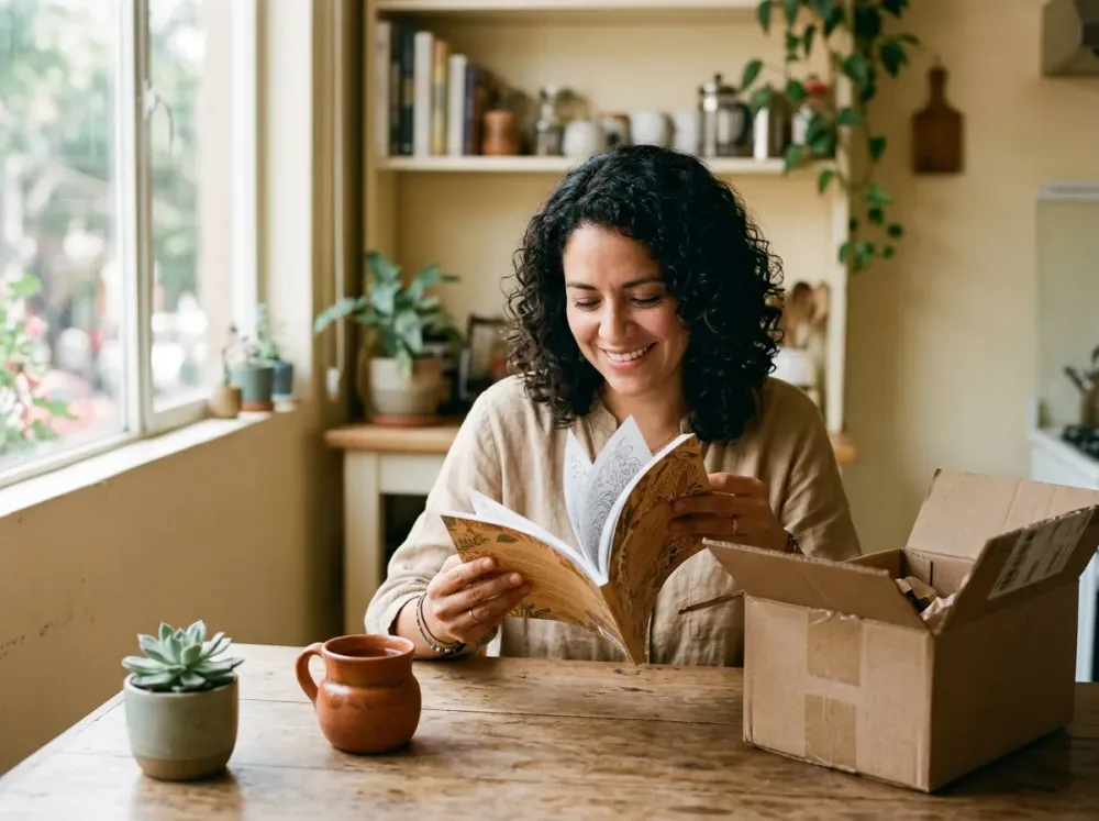 Mujer latina sonríe al hojear su libro para colorear recién impreso junto a una caja de envío en la cocina