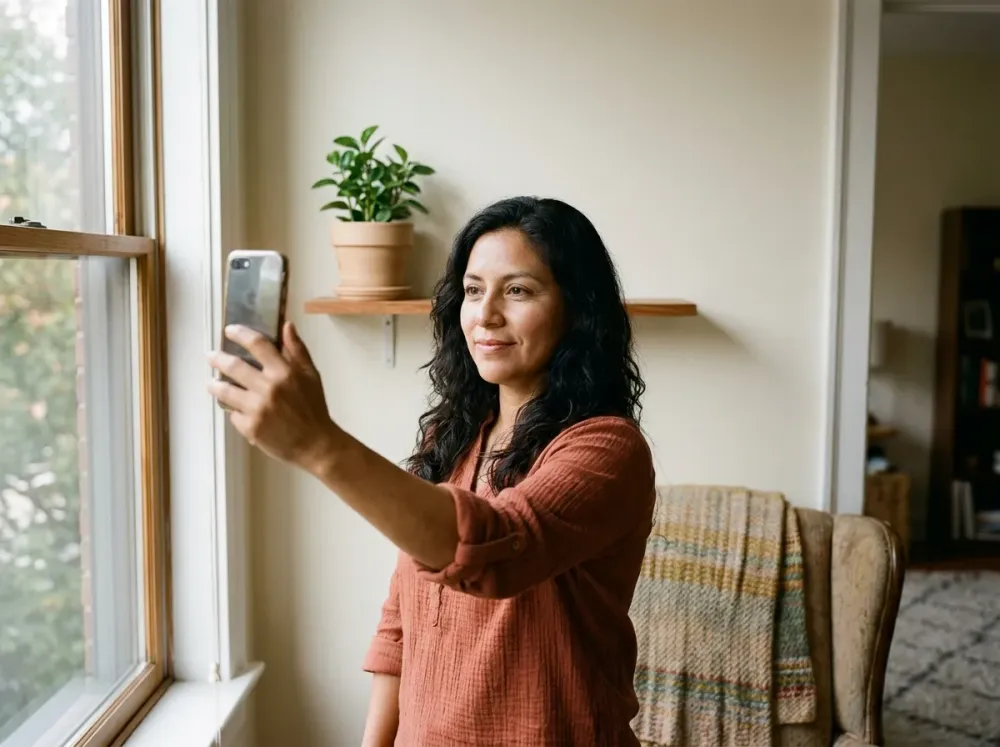 Mujer latina toma una selfie junto a la ventana de su sala por la tarde, con blusa terracota y pared crema