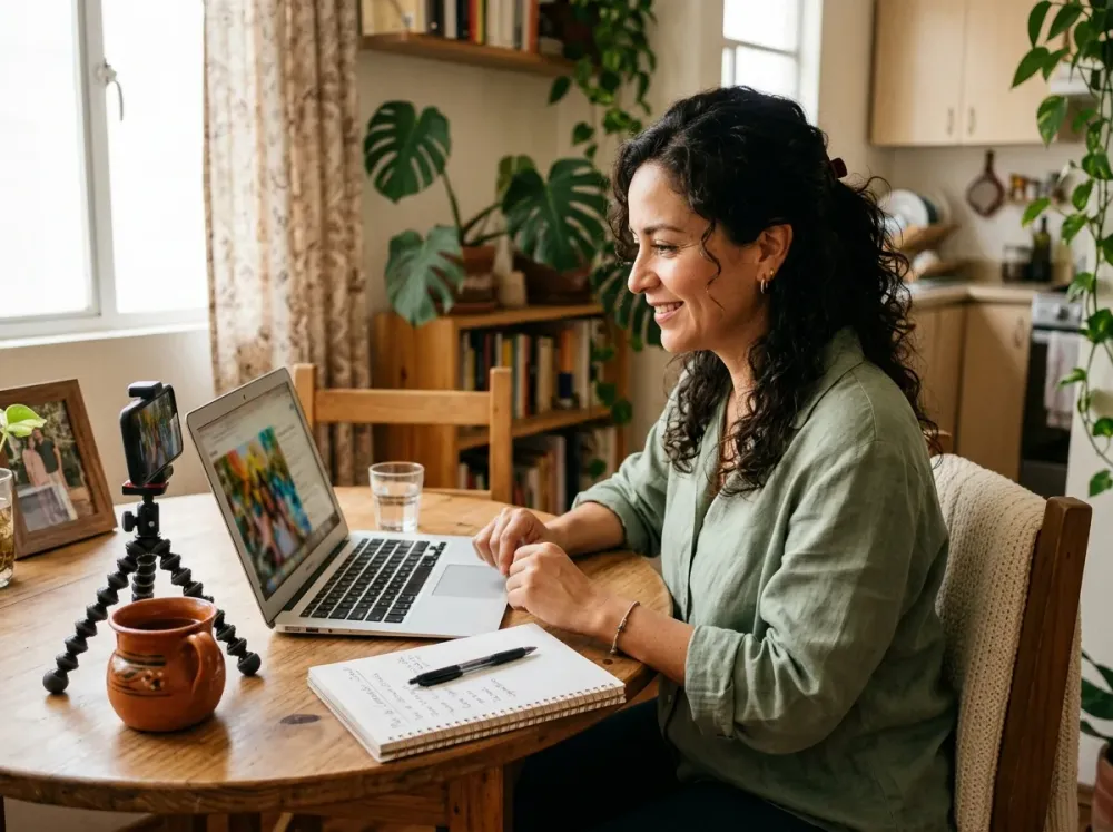 Mujer latina sonríe frente a su laptop revisando una imagen creada con IA, con su celular en un trípode a media mañana
