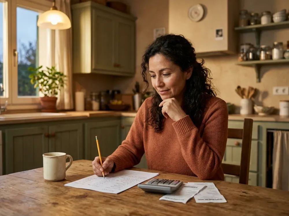 Mujer latina revisa su presupuesto en papel con recibos y calculadora en la mesa de la cocina al anochecer