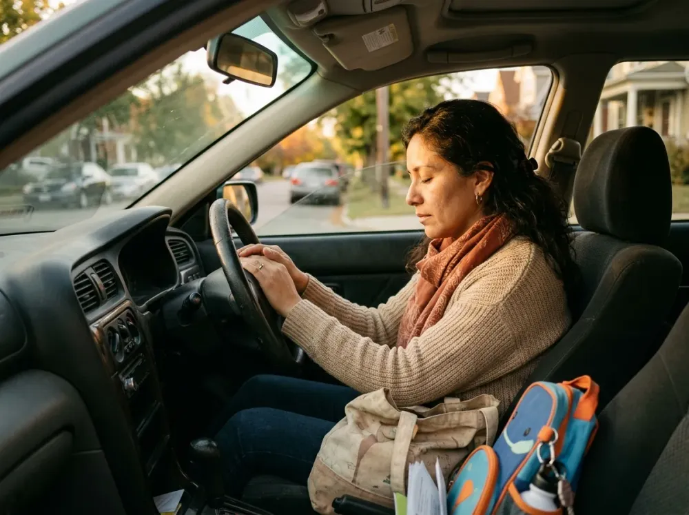 Mujer latina ora con los ojos cerrados en su carro estacionado al atardecer tras un día agotador